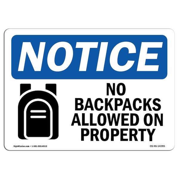 Safety Sign, OSHA Notice, 18" Height, No Backpacks Allowed On Property Sign With Symbol, Landscape